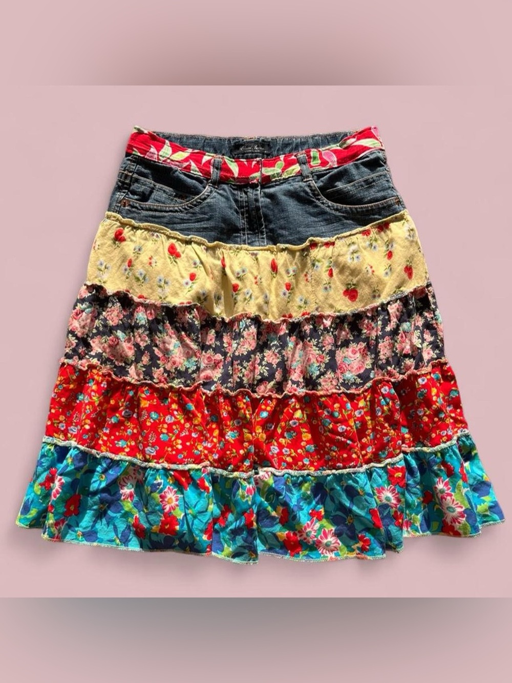 Handmade Y2K 2000s Vintage Tuscan Boho floral Patchwork Jean Skirt 28 in waist